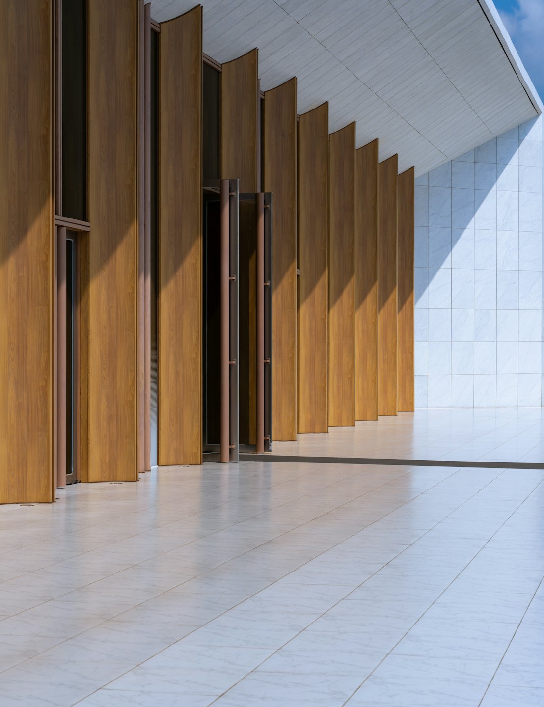 Modern building exterior featuring vertical wooden panels and white tiling.